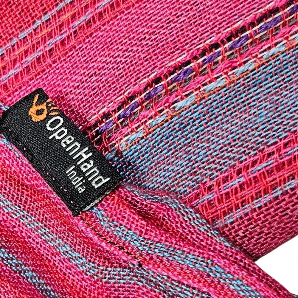 Open Hand India Pink Blue Striped Scarf‎ Tassels Lightweight Woven